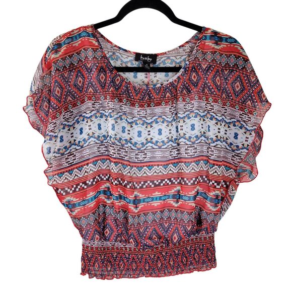 By & By Womens Sz M Red White Aztec Cap Sleeve Blouse - Picture 1 of 11
